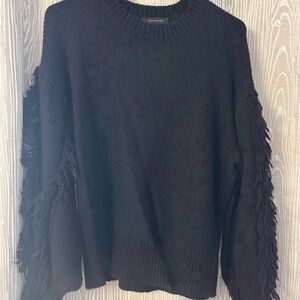 Ann Taylor Black Crewneck Sweater with Fringe Sleeve Detail